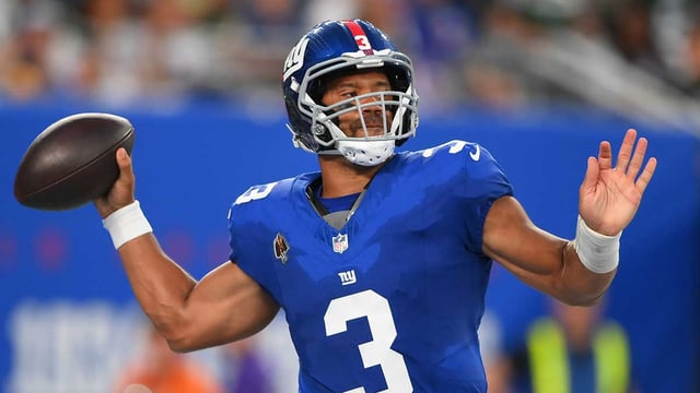 Aug 16, 2025; East Rutherford, New Jersey, USA; New York Giants quarterback Russell Wilson (3) passes against the New York Jets during the first half at MetLife Stadium. Mandatory Credit: Rich Barnes-Imagn Images