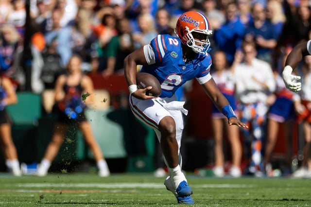 Nov 23, 2024; Gainesville, Florida, USA; Florida Gators quarterback DJ Lagway (2) runs with the ball against the Mississippi Rebels during the first half at Ben Hill Griffin Stadium. Mandatory Credit: Matt Pendleton-Imagn Images/File Photo