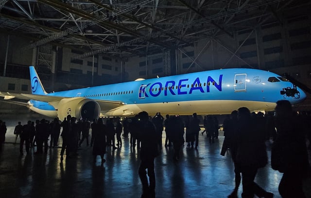 The new logo of Korean Air is seen on its plane during an event in Gimpo, South Korea, March 11, 2025. REUTERS/Dogyun Kim/File Photo