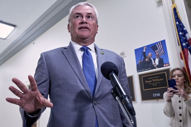 House Oversight Committee Chairman James Comer, R-Ky., speaks to reporters as he arrives for a deposition with former Attorney General Bill Barr, on Capitol Hill Monday, Aug 18, 2025, in Washington. (AP Photo/Mariam Zuhaib)