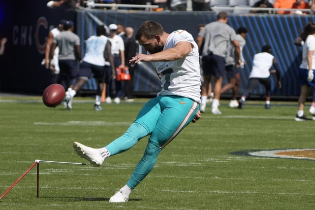 Aug 10, 2025; Chicago, Illinois, USA; Miami Dolphins place kicker Jason Sanders (7) warms up before the game against the Chicago Bears at Soldier Field. Mandatory Credit: David Banks-Imagn Images/File Photo