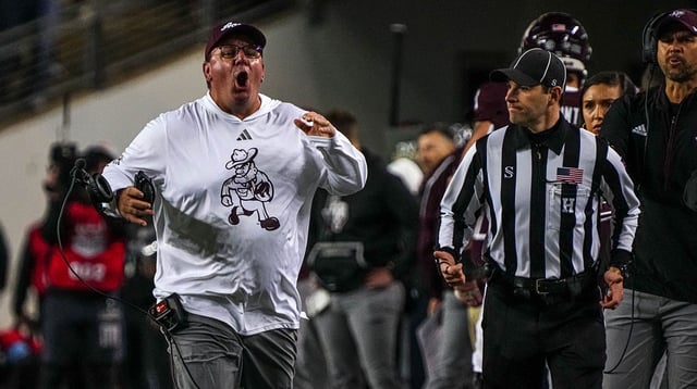 Texas A&M head coach Mike Elko reacts to an overturned tageting call against the Texas Longhorns during the Lone Star Showdown at Kyle Field on Saturday, Nov. 30, 2024 in College Station, Texas. Mandatory Credit: © Aaron E. Martinez/Austin American-Statesman / USA TODAY NETWORK via Imagn Images