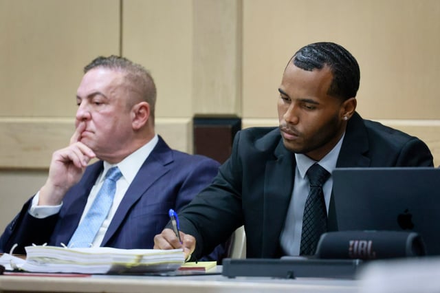 Defendant Jose Mateo with his lawyer Richard Diaz argues Florida’s stand-your-ground statute before Judge Ernest A. Kollra on Friday, Aug. 22, 2025. Mateo is one of four Miami-Dade officers charged with manslaughter in the case stemming from the death of UPS driver Frank Ordonez, who was shot by police during a shootout with his kidnappers. (Mike Stocker/South Florida Sun Sentinel)