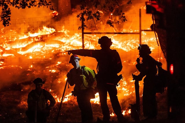 Bomberos luchan contra el incendio Pickett que arde en el área de Aetna Springs del condado Napa, California, el 23 de agosto de 2025. (AP Foto/Noah Berger)