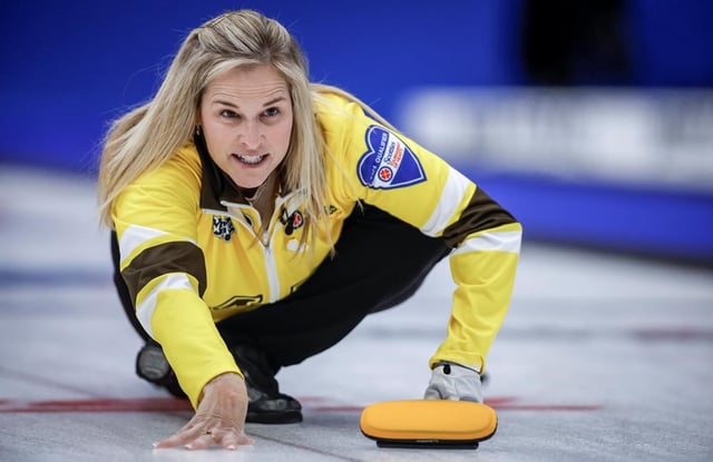 Team Manitoba-Jones skip Jennifer Jones watches her shot against Team Ontario-Homan in the final at the Scotties Tournament of Hearts in Calgary, Sunday, Feb. 25, 2024.