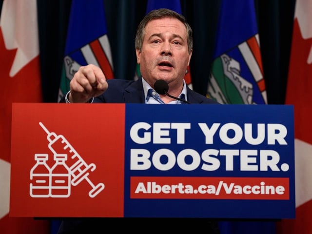  Then-premier Jason Kenney provides an update on Alberta’s COVID-19 response at McDougall Centre on Jan. 4, 2022.