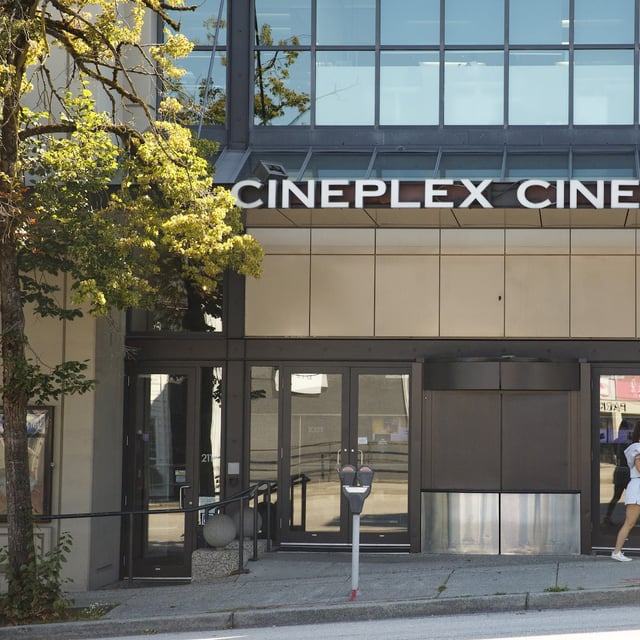 Fifth Avenue Cinemas, a Cineplex theatre, on Burrard Street in Vancouver on Aug. 25, 2025. Cineplex CEO Ellis Jacob has rejected the idea from an activist investor hedge fund of ramping up the company’s existing share buyback program.