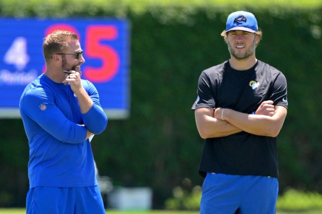 Rams coach Sean McVay, left, said Monday that veteran quarterback Matthew Stafford, right, continues to improve from his back injury and that he is expected to start the team’s NFL regular season opener against the Houston Texans. (AP Photo/Jayne Kamin-Oncea)