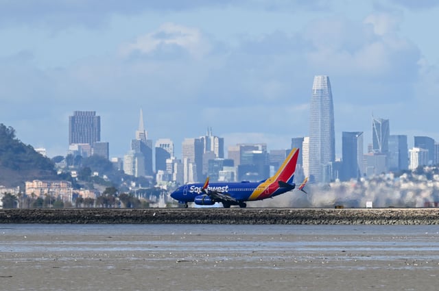 A Southwest Airlines plane lands at SFO in February 2025.