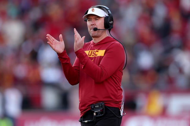 Head Coach Lincoln Riley of the USC Trojans looks on during the second half of a game against the Nebraska Cornhuskers at United Airlines Field at the Los Angeles Memorial Coliseum on November 16, 2024 in Los Angeles, California.
