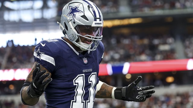 Jan 5, 2025; Arlington, Texas, USA; Dallas Cowboys linebacker Micah Parsons (11) celebrates after a sack during the first quarter against the Washington Commanders at AT&T Stadium. Mandatory Credit: Kevin Jairaj-Imagn Images