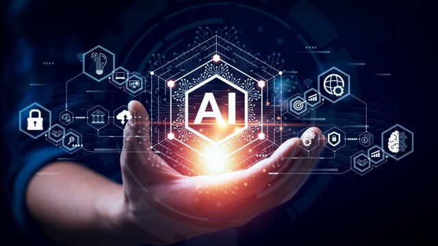 Businessman touching the brain working of Artificial Intelligence (AI) 
Automation, Predictive analytics, Customer service AI-powered chatbot, analyze customer data, business and technology