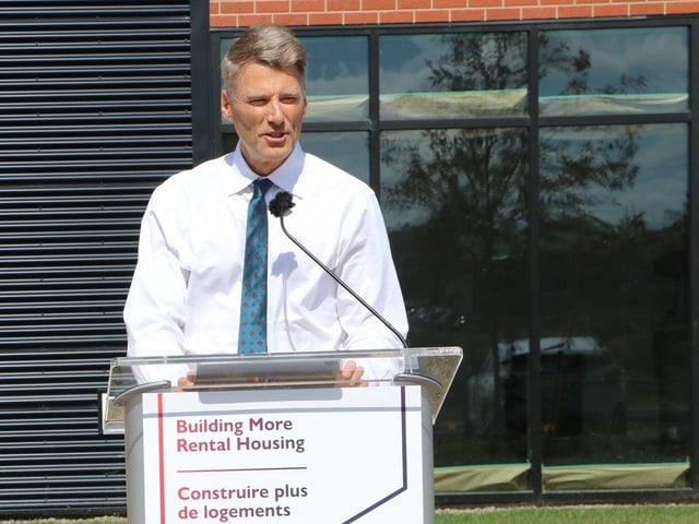 Federal Housing Minister Gregor Robertson speaks at a news conference in Stratford, P.E.I. on Aug. 19. Robertson announced $20 million in financing for an apartment building in Stratford through the federal Apartment Construction Loan Program. Stu Neatby