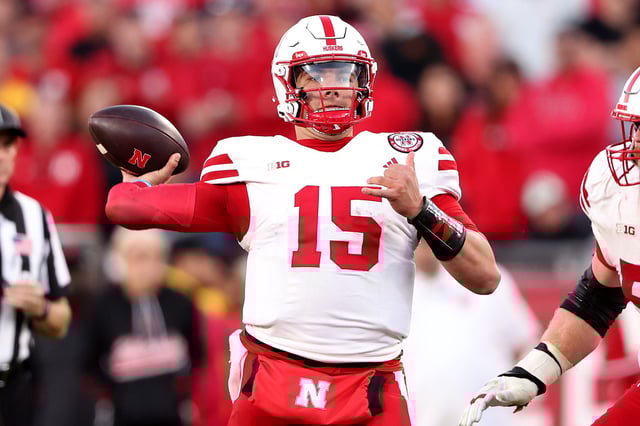 Dylan Raiola #15 of the Nebraska Cornhuskers passes the ball during the first half of a game against the USC Trojans at United Airlines Field at the Los Angeles Memorial Coliseum on November 16, 2024 in Los Angeles, California.
