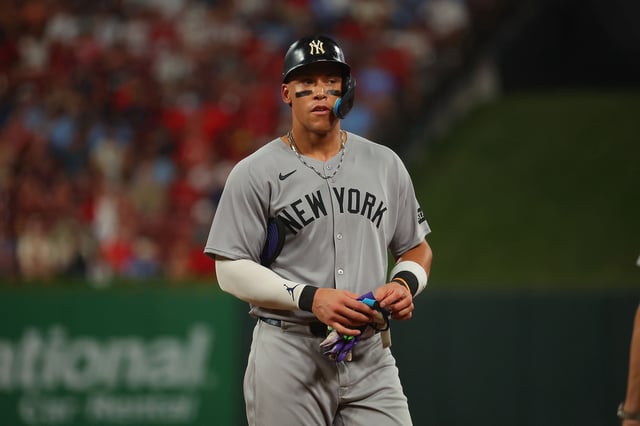 ST LOUIS, MISSOURI - AUGUST 16: Aaron Judge #99 of the New York Yankees looks during a game against the St. Louis Cardinals at Busch Stadium on August 16, 2025 in St Louis, Missouri. (Photo by Dilip Vishwanat/Getty Images)