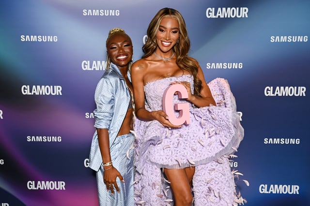 Sharon Chuter, left, and Munroe Bergdorf pose with the Beauty game changer award in the winners room at the Glamour Women of the Year Awards 2022 at Outernet London on Nov. 8, 2022 in London, England.