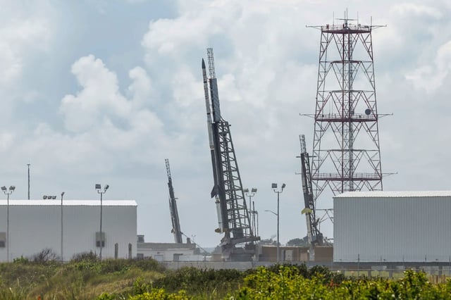 Three sounding rockets for the TOMEX+ mission are raised vertical on their launch pads during a mission dress rehearsal on Aug. 20, 2025, in Wallops Island, Va.