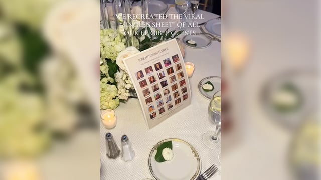 Every table at the Branda’s June wedding featured a single’s sheet of eligible guests.