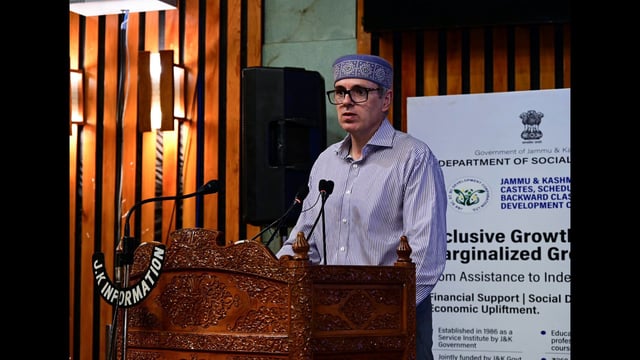 Jammu and Kashmir Chief Minister Omar Abdullah attends the “Empowering Communities – Welfare for All” programme at SKICC, in Srinagar on Monday . (ANI)