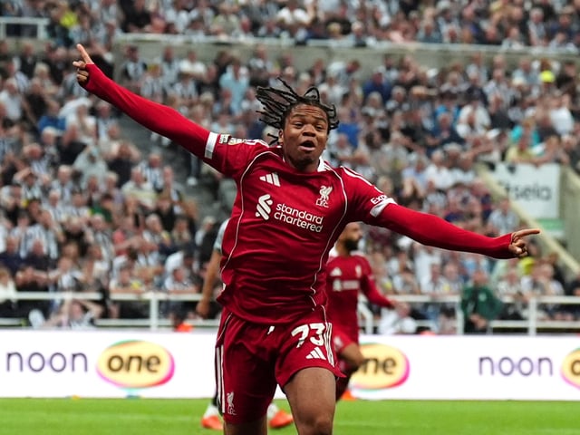 Liverpool's Rio Ngumoha celebrates after scoring his side's third goal during the English Premier League soccer match between Liverpool and Newcastle United at St James' Park, Newcastle, England, Monday Aug. 25, 2025. (Owen Humphreys/PA via AP)