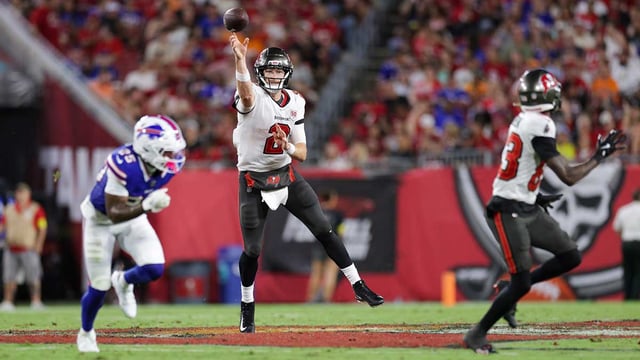 Aug 23, 2025; Tampa, Florida, USA; Tampa Bay Buccaneers quarterback Kyle Trask (2) throws a pass against the Buffalo Bills in the second quarter at Raymond James Stadium. Mandatory Credit: Nathan Ray Seebeck-Imagn Images