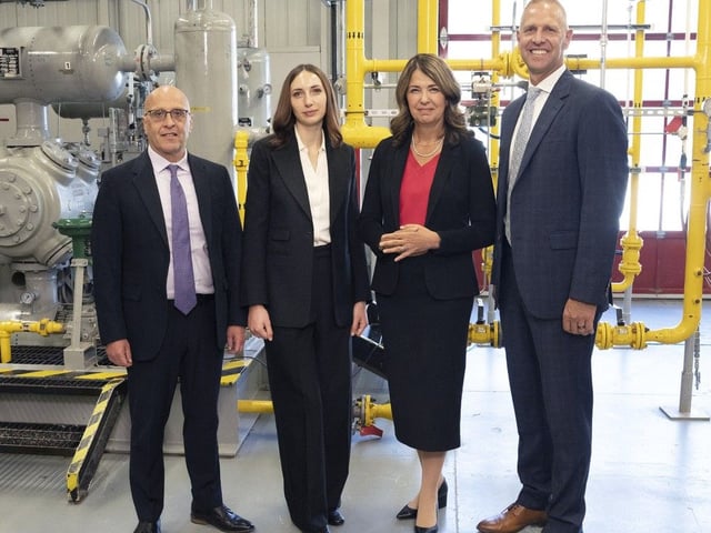 George Christidis, President & CEO of the Canadian Nuclear Association, Chantelle de Jonge, parliamentary secretary Affordability and Utilities, Alberta Premier Danielle Smith and Nathan Neudorf, Minister of Affordability and Utilities pose for a photo after announcing new public engagement plans for Albertans to join the conversation on nuclear energy at a press conference held at the Wellsite Production Education Centre on the SAIT campus in Calgary.. Monday, August 25, 2025. 