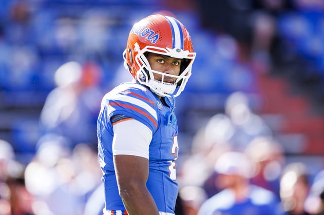 DJ Lagway #2 of the Florida Gators warms up before the start of a game against the Mississippi Rebels at Ben Hill Griffin Stadium on November 23, 2024 in Gainesville, Florida.