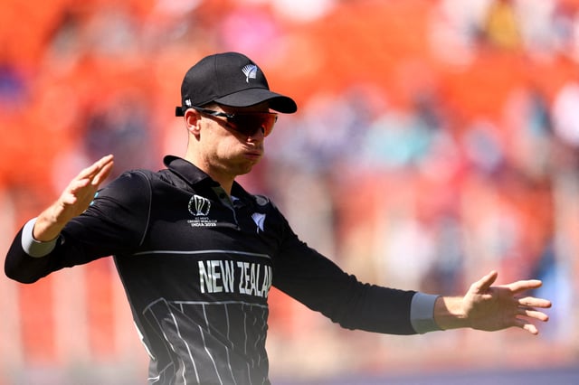 Cricket - ICC Cricket World Cup 2023 - England v New Zealand - Narendra Modi Stadium, Ahmedabad, India - October 5, 2023 New Zealand's Mitch Santner reacts REUTERS/Andrew Boyers/File Photo