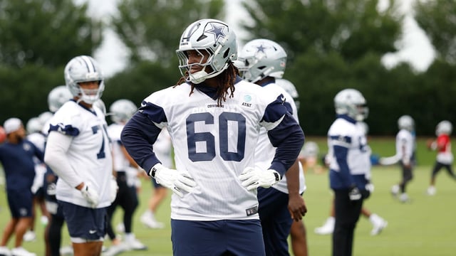 Jun 10, 2025; Arlington, TX, USA; Dallas Cowboys offensive tackle Tyler Guyton (60) goes through a drill during practice at the Ford Center at the Star Training Facility in Frisco, Texas. Mandatory Credit: Chris Jones-Imagn Images