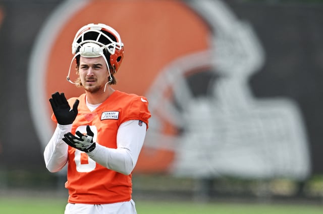Jun 12, 2025; Berea, OH, USA; Cleveland Browns quarterback Kenny Pickett (8) looks on during mini camp at CrossCountry Mortgage Campus. Mandatory Credit: Ken Blaze-Imagn Images/File Photo