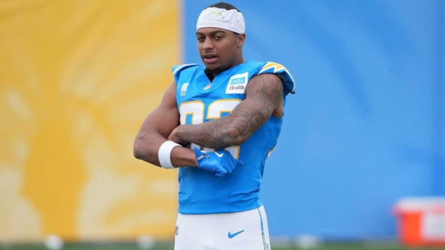 Jul 21, 2025; El Segundo, CA, USA; Los Angeles Chargers receiver Brenden Rice (82) at training camp at The Bolt. Mandatory Credit: Kirby Lee-Imagn Images