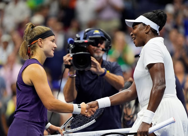 Aug 25, 2025; Flushing, NY, USA;  Karolina Muchova (Czech) after beating Venus Williams (USA) (right) on day two of the 2025 U.S. Open tennis tournament at the USTA Billie Jean King National Tennis Center. Mandatory Credit: Robert Deutsch-Imagn Images