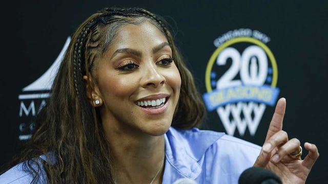 Aug 25, 2025; Chicago, Illinois, USA; Chicago Sky franchise legend and WNBA Champion Candace Parker speaks during a press conference before a WNBA game between the Chicago Sky and Las Vegas Aces at Wintrust Arena. Mandatory Credit: Kamil Krzaczynski-Imagn Images