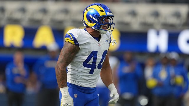 Aug 16, 2025; Inglewood, California, USA; Los Angeles Rams linebacker Brennan Jackson (44) celebrates after a sack against the Los Angeles Chargers in the first half at SoFi Stadium. Mandatory Credit: Kirby Lee-Imagn Images