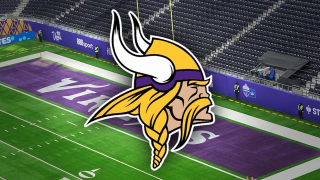 Oct 6, 2024; London, United Kingdom; The Minnesota Vikings logo in the end zone at Tottenham Hotspur Stadium. Mandatory Credit: Kirby Lee-Imagn Images