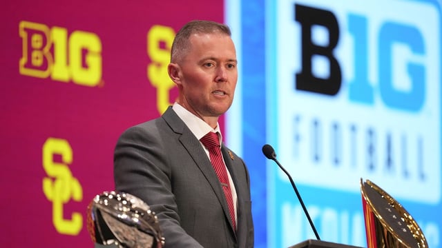 Jul 24, 2025; Las Vegas, NV, USA; USC head coach Lincoln Riley speaks to the media during the Big Ten NCAA college football media days at Mandalay Bay Resort. Mandatory Credit: Lucas Peltier-Imagn Images