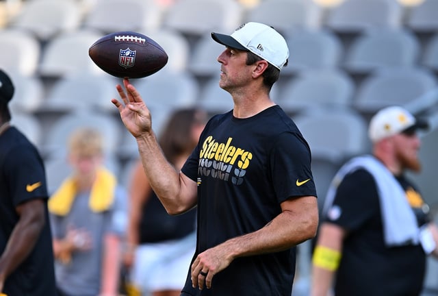 Aaron Rodgers #8 of the Pittsburgh Steelers looks on during the NFL Preseason 2025 game against the Tampa Bay Buccaneers at Acrisure Stadium on August 16, 2025 in Pittsburgh, Pennsylvania.