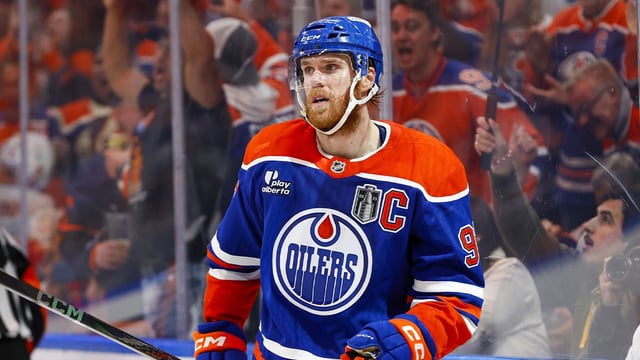 Jun 14, 2025; Edmonton, Alberta, CAN; Edmonton Oilers center Connor McDavid (97) celebrates scoring during the third period against the Florida Panthers in game five of the 2025 Stanley Cup Final at Rogers Place. Mandatory Credit: Perry Nelson-Imagn Images