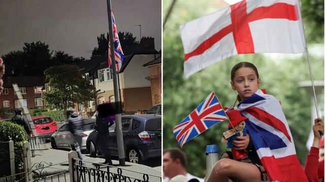 A Union flag being hoisted in the dead of night in Blackley, and a girl draped in the flag during a demonstration outside an asylum hotel in London earlier this month (Photo: Toby Melville/Reuters)