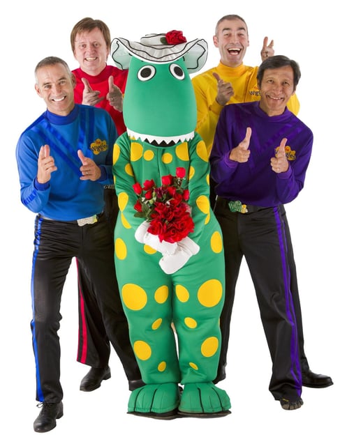 The original Wiggles:  Anthony Field (blue), Murray Cook (red), Greg Page (yellow), Jeff Fatt (purple) with key character Dorothy the Dinosaur