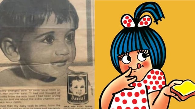 Eustace Fernandes and Sylvester daCunha brought the Amul Girl to life. (Right) Shashi Tharoor’s sister Shobha Tharoor in an Amul ad. Image courtesy: X