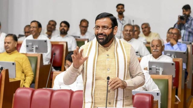 Haryana chief minister Nayab Singh Saini speaking during the monsoon session of the assembly in Chandigarh. (PTI Photo)