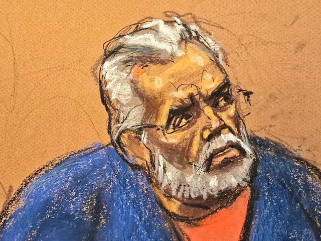 Fotografía de un dibujo realizado por la artista Jane Rosenberg del narcotraficante mexicano Ismael 'el Mayo' Zambada durante el juicio
