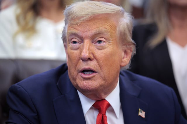 President Donald Trump speaking as he meets with family members of victims of the "Abbey Gate" terrorist attack in the Oval Office at the White House on August 25, 2025 in Washington, DC.
