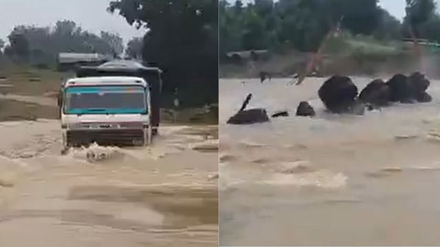 Horrifying Visuals! Truck Swept Away While Crossing Flooded Safai River In Odisha; Driver Goes Missing, Helper Rescued
