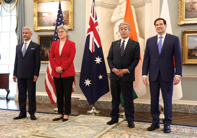 Indian External Affairs Minister Subrahmanyam Jaishankar, Australia’s Foreign Minister Penny Wong, Japanese Foreign Minister Takeshi Iwaya and U.S. Secretary of State Marco Rubio stand together at the start of their meeting of the Indo-Pacific Quad at the State Department in Washington, D.C., U.S., July 1, 2025. REUTERS/Kevin Lamarque/File Photo
