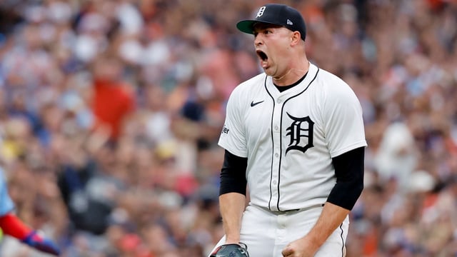 Jul 26, 2025; Detroit, Michigan, USA; Detroit Tigers pitcher Tarik Skubal (29) reacts after he gets a strike out to end the sixth inning against the Toronto Blue Jays at Comerica Park. Mandatory Credit: Rick Osentoski-Imagn Images