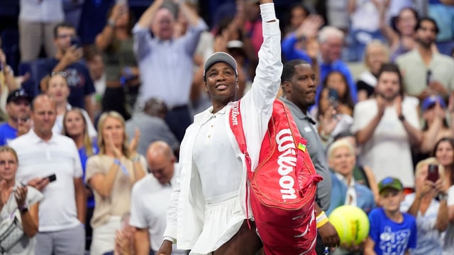 Aug 25, 2025; Flushing, NY, USA; Venus Williams (USA)after losing to Karolina Muchova (Czech)(not pictured) on day two of the 2025 U.S. Open tennis tournament at the USTA Billie Jean King National Tennis Center. Mandatory Credit: Robert Deutsch-Imagn Images