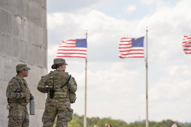 Members of the National Guard patrol the National Mall in Washington, DC, on Monday, August 25, 2025.