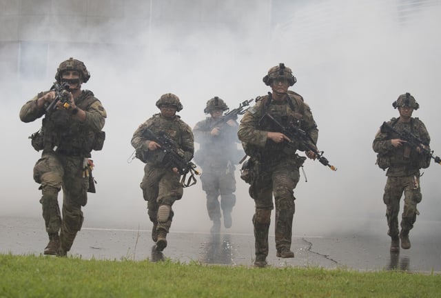 U.S. soldiers from 2nd Infantry Division, participate in a UFS/TIGER Combined Urban Operations plan as part of Ulchi Freedom Shield (UFS) exercises at Wollong Urban Area Operatiions training center, Wednesday, Aug. 23, 2023 on Paju in Gyeonggi-do, South Korea.
